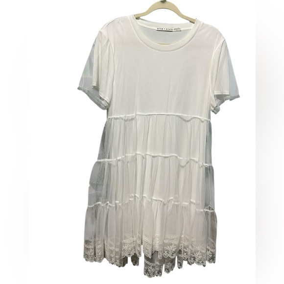 Alice & Olivia Off White Babydoll Dreema Tulle Tee Lace Tiered Mini Dress size L - Picture 9 of 15
